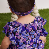 Iridescent Indigo Ruffle Sleeve Shorty Romper