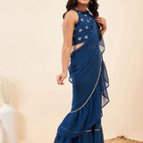 Blue & Gold Roses Blouse with Prestitched Saree