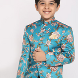 Turquoise Blue Floral Jodhpuri Slim-fit Blazer