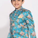 Turquoise Blue Floral Jodhpuri Slim-fit Blazer