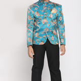 Turquoise Blue Floral Jodhpuri Slim-fit Blazer
