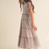 Girls' Elegance Midi Dress with Ruffle Neck & Keyhole Back