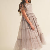 Girls' Elegance Midi Dress with Ruffle Neck & Keyhole Back