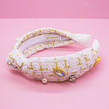 Embellished Knot Headband - Tweed Rhinestone Pearl