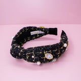 Embellished Knot Headband - Tweed Rhinestone Pearl