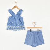 Sleeveless Cross Back Embroidered Chambray Set