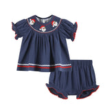 Navy Blue Santa Smocked Dress and Bloomers Set