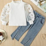 Girls' Lace Puff Sleeve Top with Denim Pearl Beaded Pants