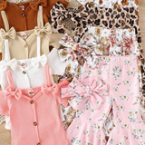 Shoulder Bow Sling Fashion Onesie with Flare Pants and Headband Three Piece Set