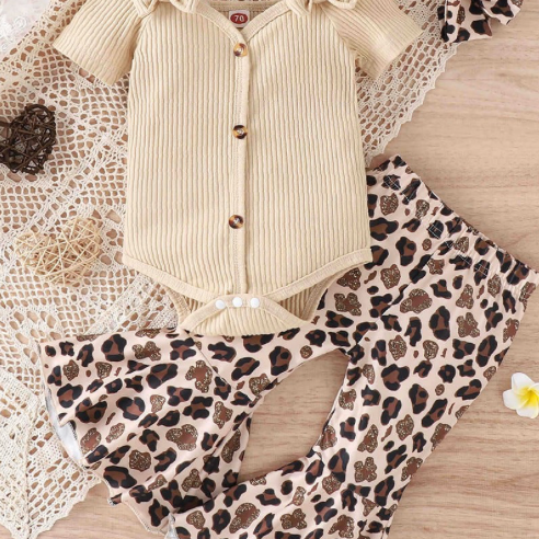 Shoulder Bow Sling Fashion Onesie with Flare Pants and Headband Three Piece Set