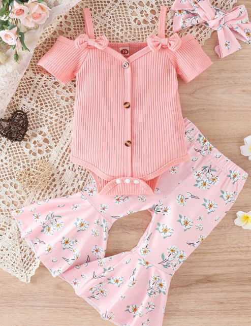 Shoulder Bow Sling Fashion Onesie with Flare Pants and Headband Three Piece Set