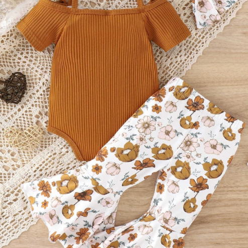 Shoulder Bow Sling Fashion Onesie with Flare Pants and Headband Three Piece Set