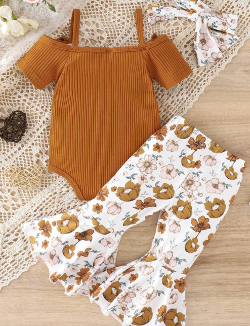 Shoulder Bow Sling Fashion Onesie with Flare Pants and Headband Three Piece Set