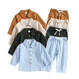 Hemp Cotton Long Sleeve Collar Shirt Pajamas with Pants