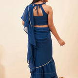 Blue & Gold Roses Blouse with Prestitched Saree