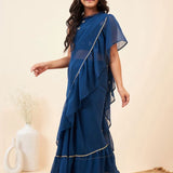 Blue & Gold Roses Blouse with Prestitched Saree