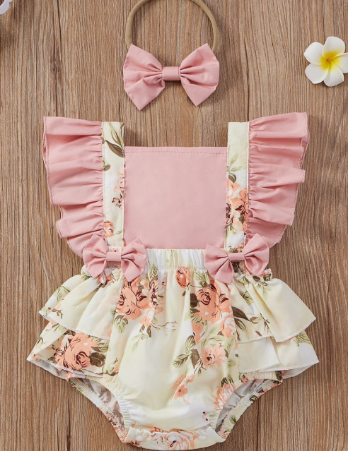 Floral Bowknot Romper with Headband