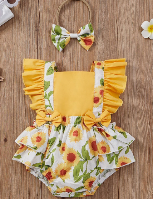 Floral Bowknot Romper with Headband