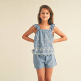 Sleeveless Cross Back Embroidered Chambray Set