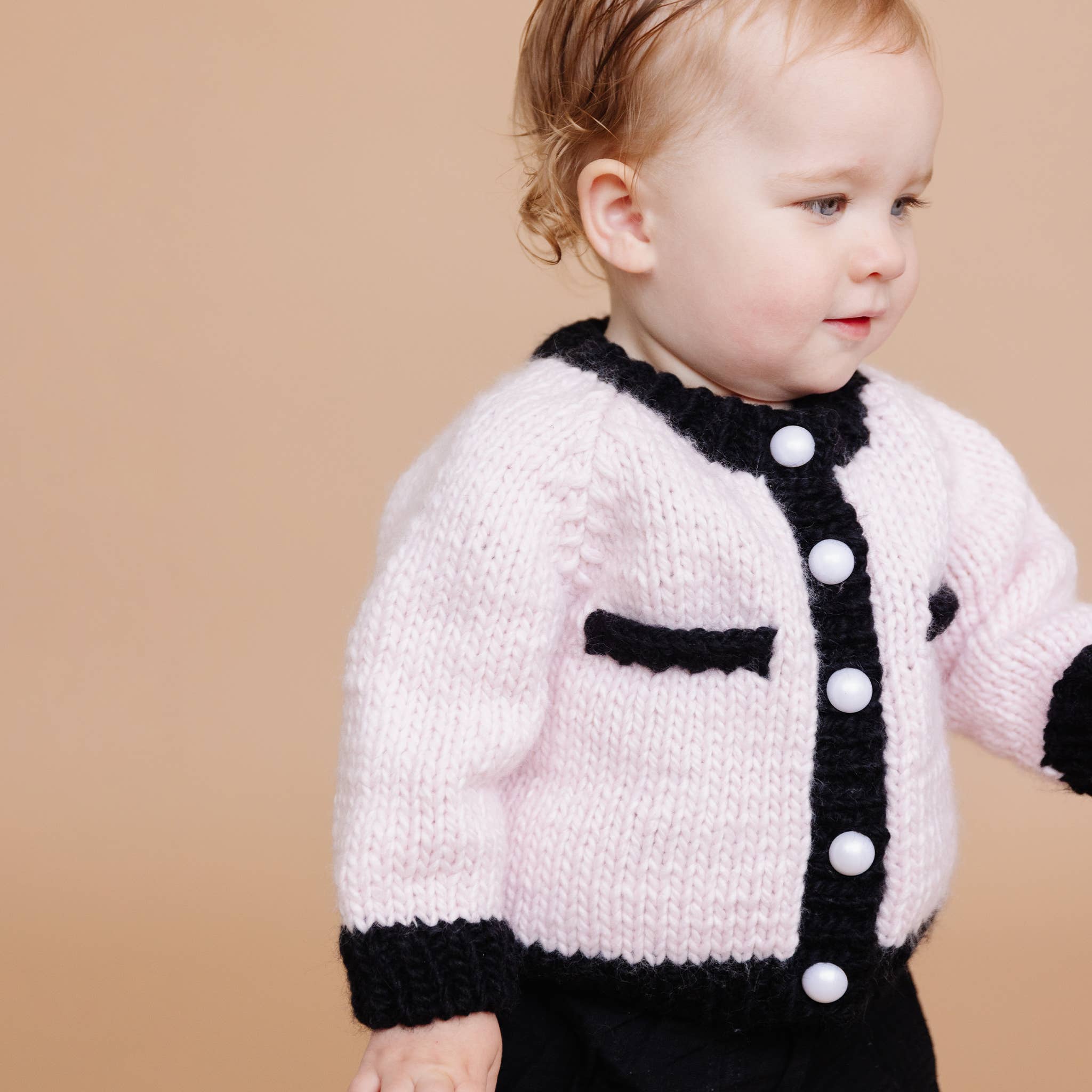 Coco Cardigan, Baby Pink/Black Kids Pearl Sweater – elebaby